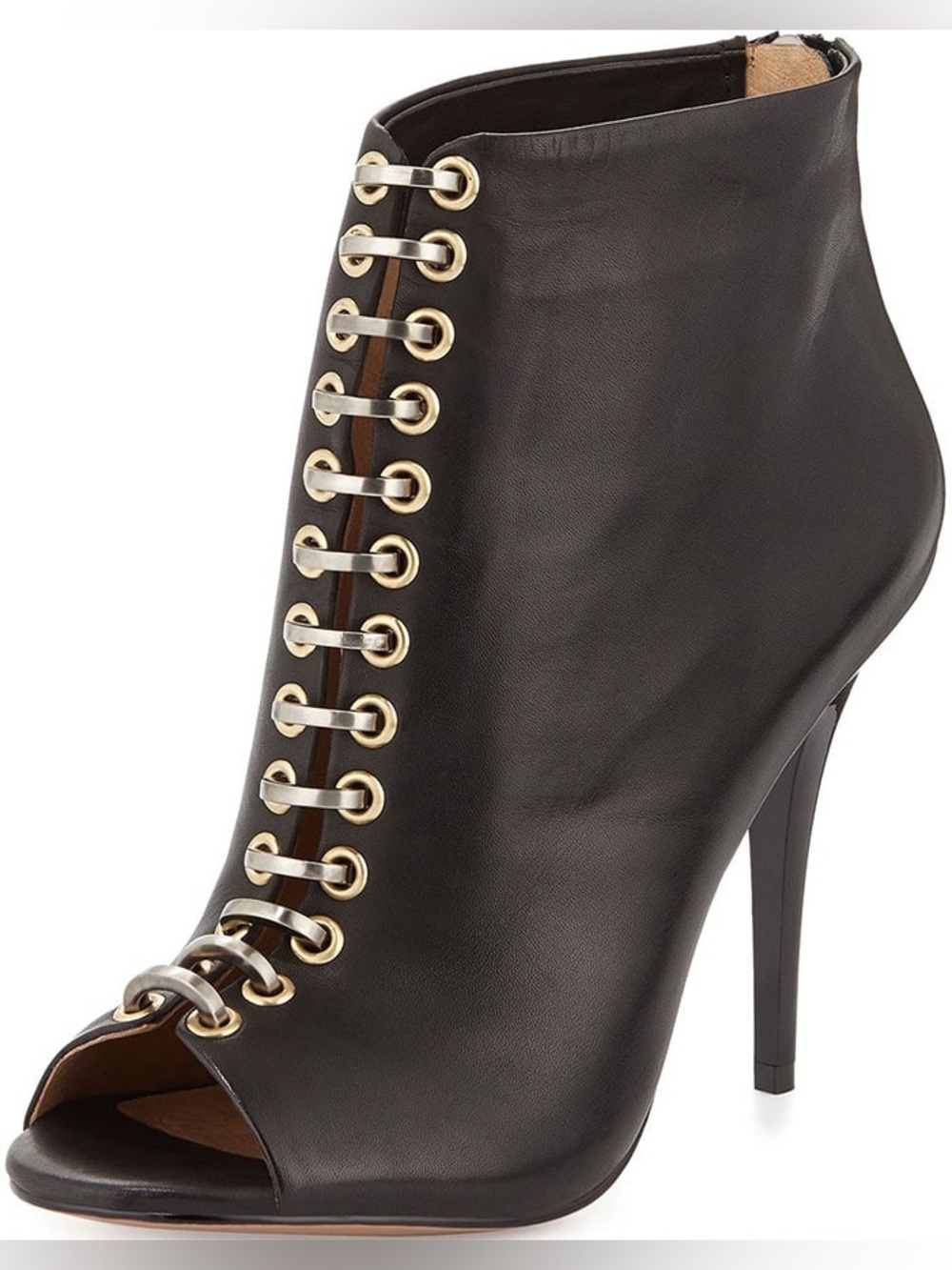 L.A.M.B. Tony Black Leather Peep-Toe Lace-Up Stiletto Bootie with Gold Eyelets